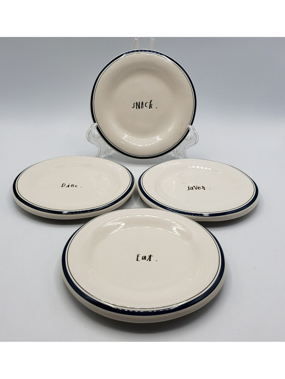 Rae Dunn Ceramic Snack Plates White Navy Blue Rim EAT DINE SAVOR SNACK (QTY 4)